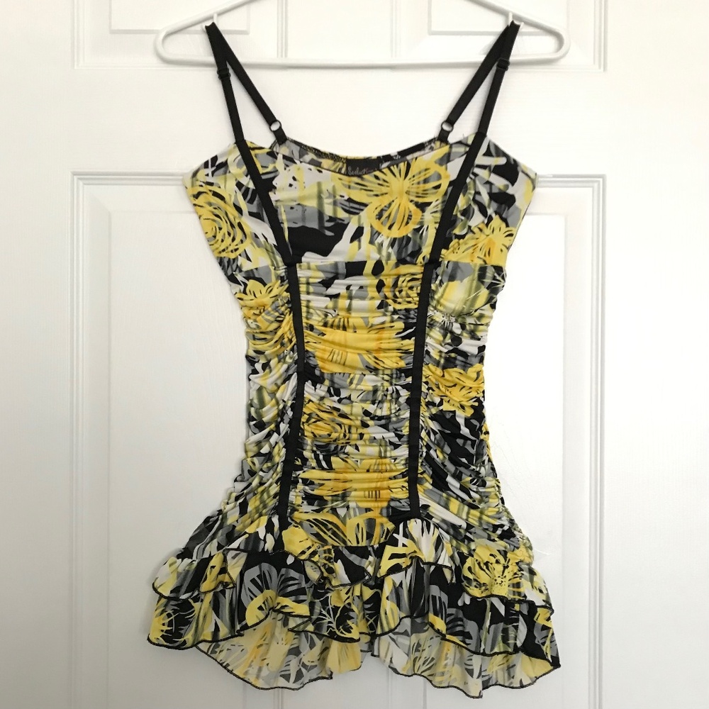 Rare Y2K Seduction Ruched Spaghetti Strap Top XS/S Fit Ruffle Hem Yellow Black